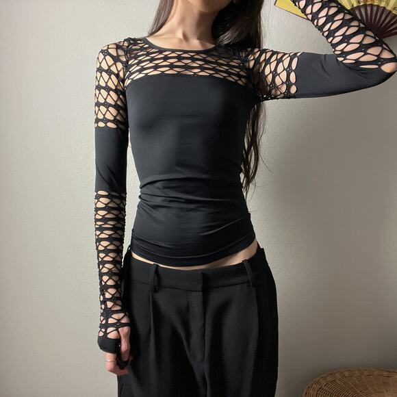 Vintage Tops - y2k venus black fitted fishnet minimalist long sleeve festival rave goth top